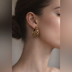 Vintage Gold-Tone Filigree Hoop Earrings, Ornate Textured Statement Hoops